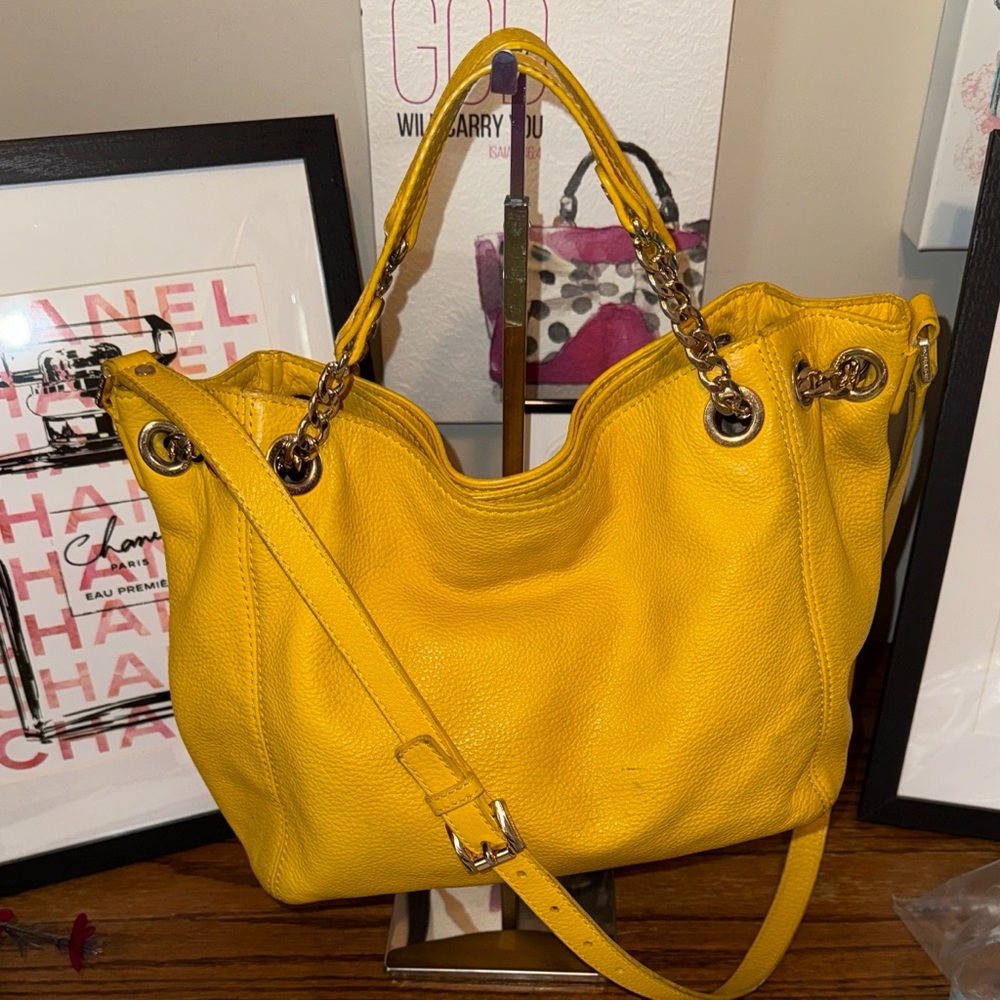 Michael Kors Yellow Leather Shoulder Bag with Chain-Accent Straps